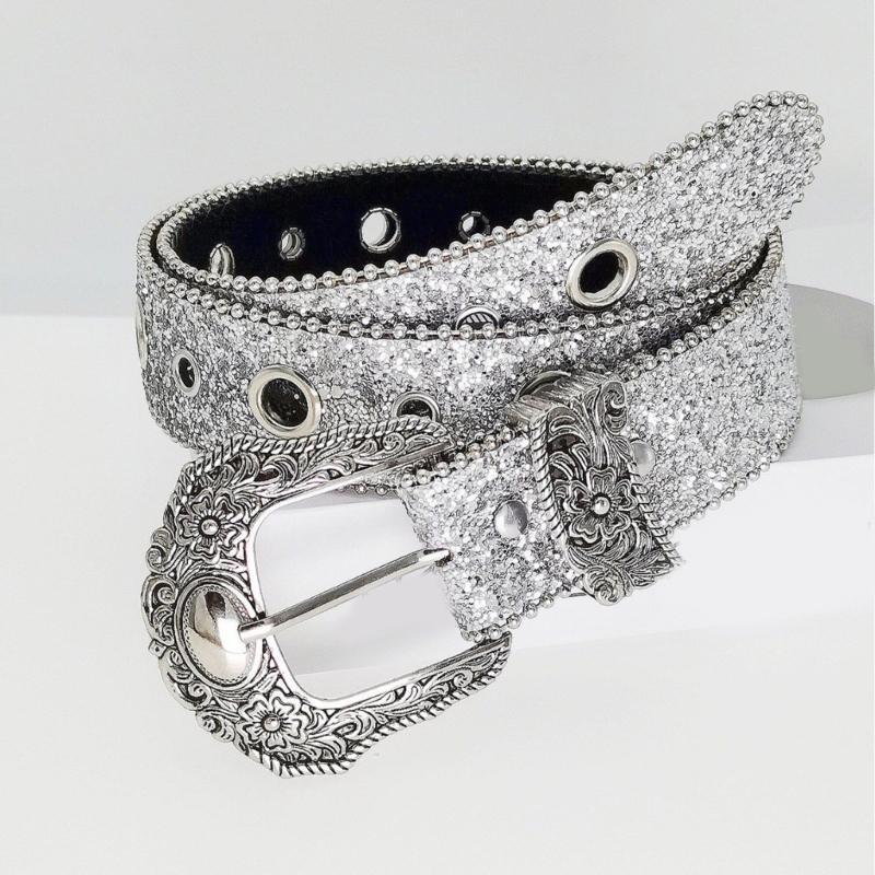Large Eyelet Sequined Belt for Jeans Bead Trim PU Leather Belt Subculture Pants Belt Elegant Girl Clothing Waist Decors