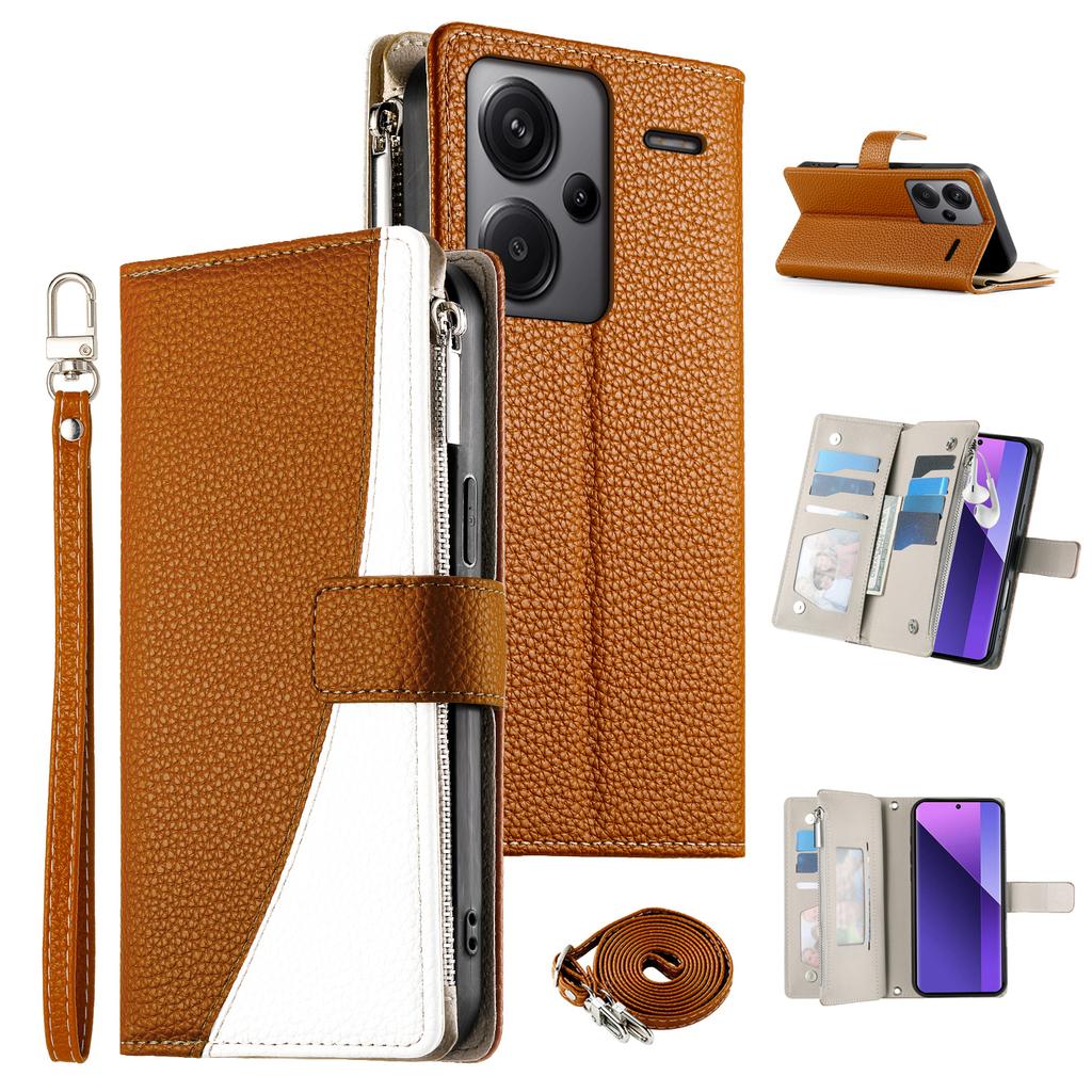 For Xiaomi Redmi Note 13 Pro+ 5G Case Zipper Wallet Color Splicing Leather Flip Phone Cover with Straps