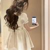 2026 Summer Trendy French Sweet & Spicy A-line Dress with Puff Sleeves & Bow