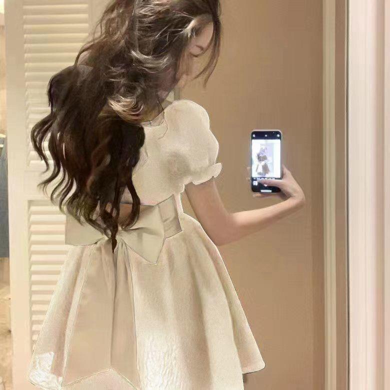 

2026 Summer Trendy French Sweet & Spicy A-line Dress with Puff Sleeves & Bow L (recommended for 55-62.5 kg)