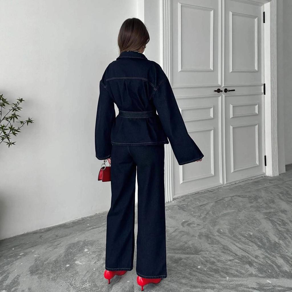 2025 Cross-border European and American Women's Clothing Amazon Fashion Casual Lapel Denim Lace Retro Versatile Two Pieces