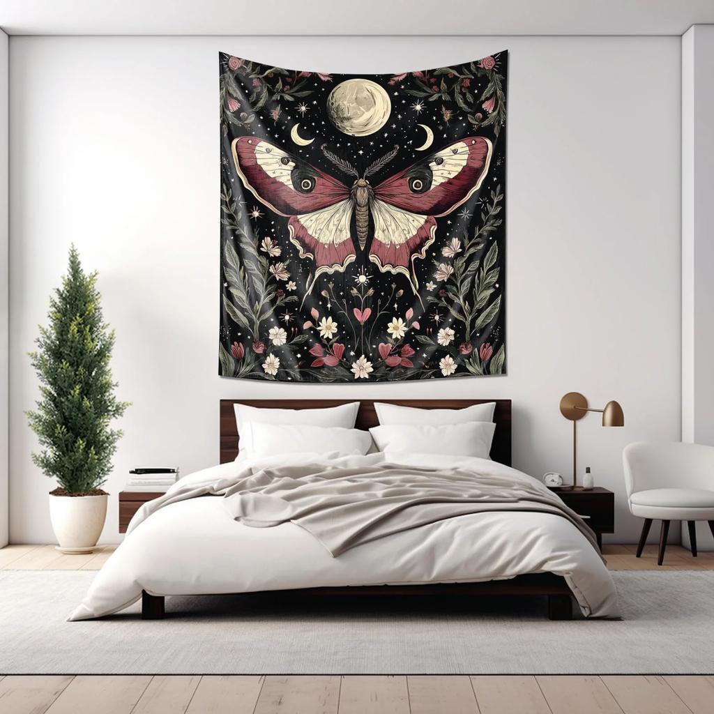 Ethereal Moonlit Moth Floral Tapestry, Dreamscape Wall Art Decor, Elegant Home Soft Furnishing Option