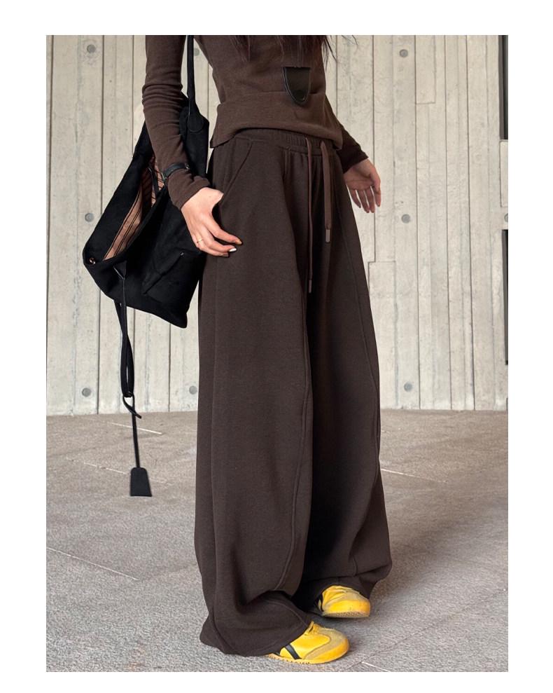Women's Coffee-Colored High-Waisted Wide-Leg Pants - Mid-Rise with Thickened Fabric for Slimming Effect - Autumn/Winter 2025