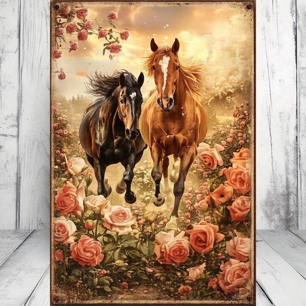 1pc Retro 2D Flat Tin Sign Two Horses in Floral Field 12x8in Vintage Metal Wall Decor for Living Room Kitchen Garden Outdoor
