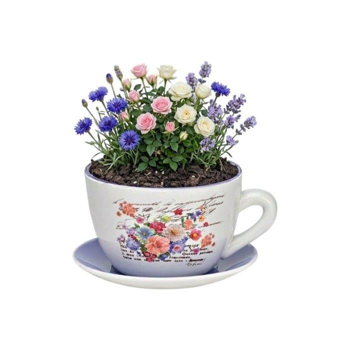 Pot de fleurs - EDEN - Tasse Lilas - Céramique - 24×28×14 cm - Lilas/blanc - Intérieur