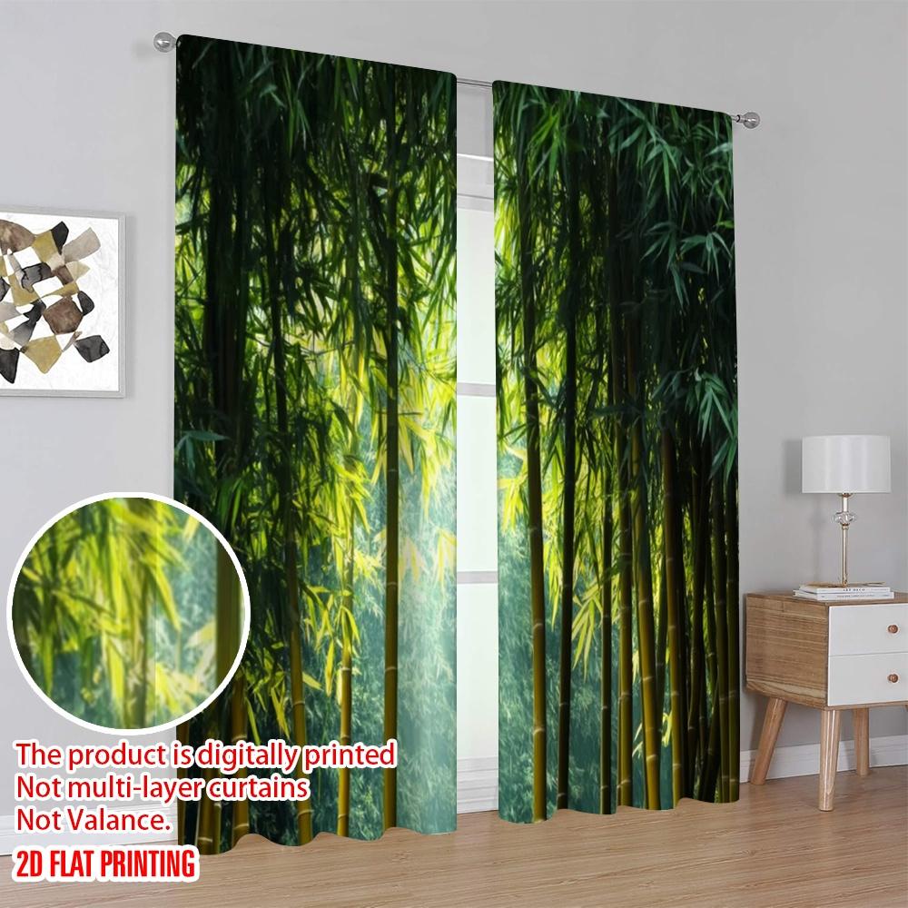 2pcs,2D Plane Printing Contemporary Curtains Bamboo Forest Burst Polyester Fabric (without Rod) Festive Use for Bedroom, Living