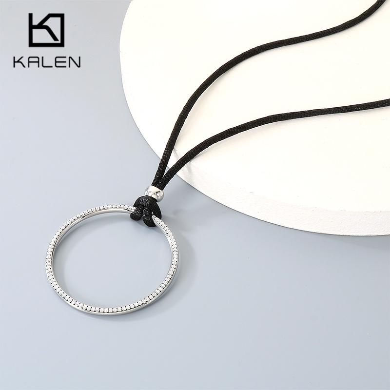 Kalen Stainless Steel Zircon Circle Pendant Necklace for Men Women Rock Black Cord Accessory Gifts Minimalist Hip Hop Jewelry