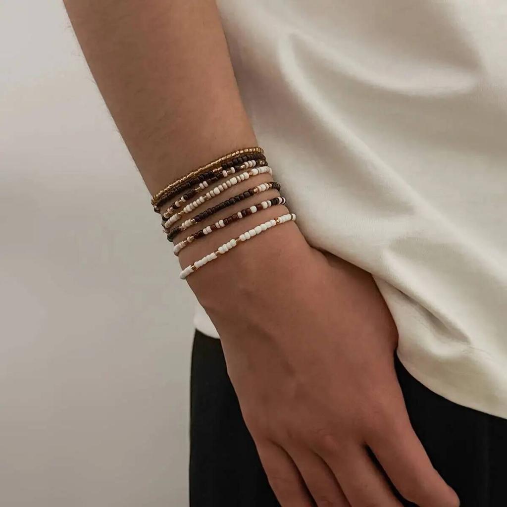 SHIXIN Conjunto de 7 Peças Pulseiras de Contas de Arroz Boho Masculinas Peça Redonda Vintage Pingente Corrente de Contas Elástica Pulseiras de Pulso Joias Femininas