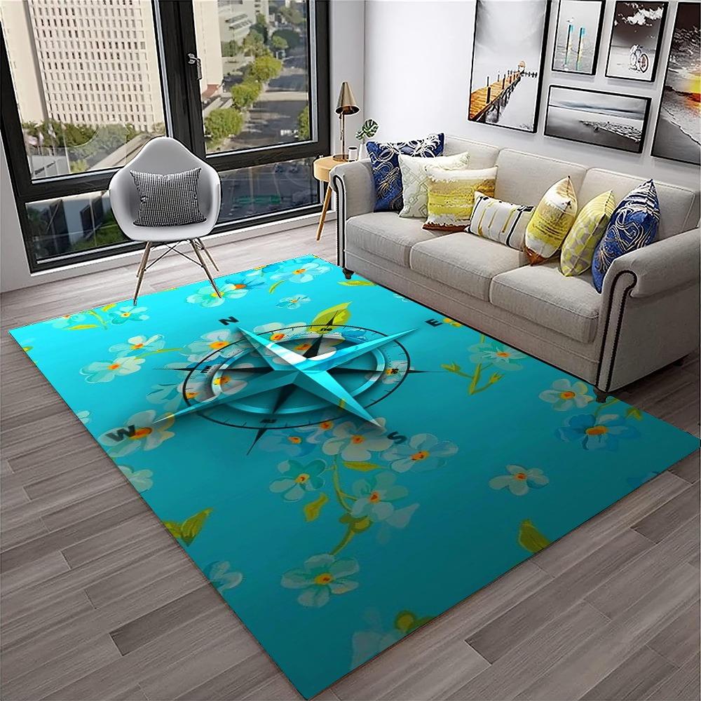 2D Compass Floral Print Area Rug Soft Non-Slip Floor Carpet Nautical Tropical Themed Home Decor Mat for Living Room Bedroom
