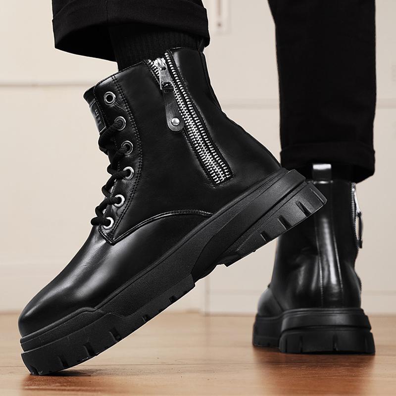 Men'S High-Top Boots Fashion Casual Leather Boots Men'S Sneakers Lace Up Ankle Boots Motorcycle Platform Boot Zapatillas Hombre