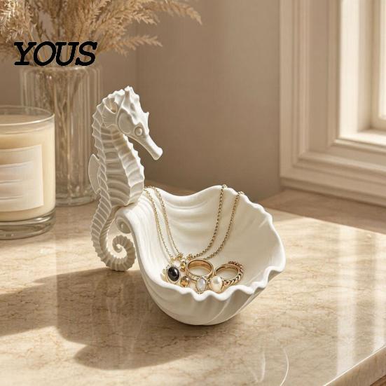 Storage Tray Jewelry Holder, Seahorse Shape Tray, with Wave Shell Durable Groove Design, for Rings Necklaces Earrings Dressing Table