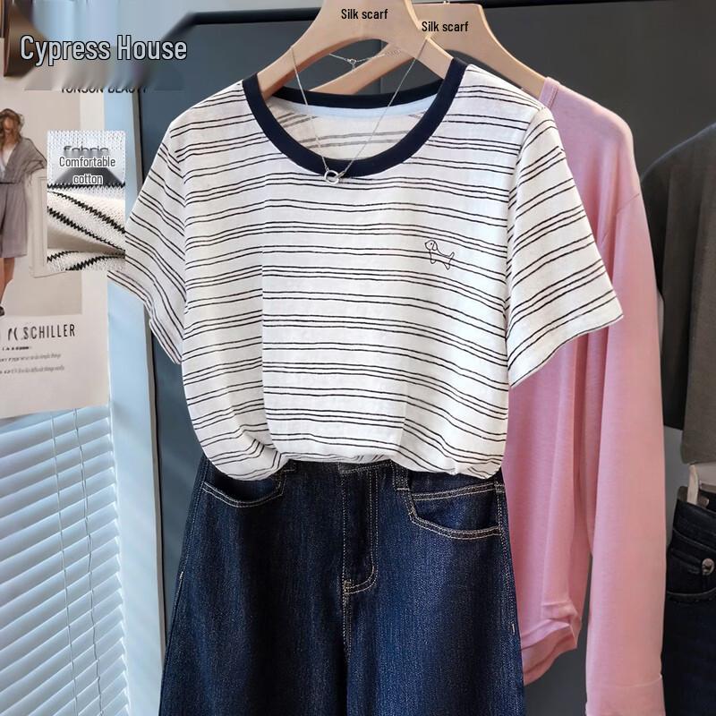 

Women s 2026 Summer Round Neck Color-Block Stripe T-Shirt One Size