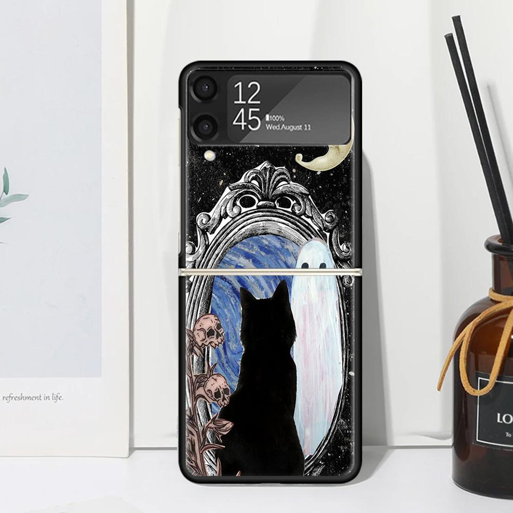 Witch And Cat Colorful Cute Phone Case For Samsung Galaxy Z Flip 7 Flip7 Zflip 6 Flip6 5 Flip5 4 Flip4 3 Flip3 5G Fundas Black C