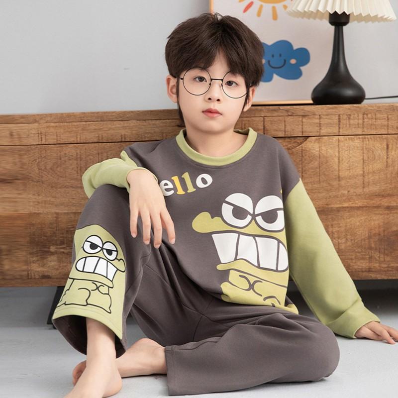 100% Combed Cotton Boys Pajama Set Long Sleeve Cartoon Print Sleepwear Teens 8 Years Lightweight Home Wear