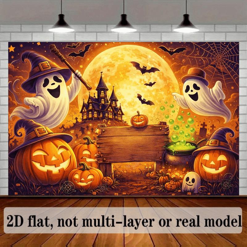 Flat Halloween party backdrop with a haunted house and pumpkin theme featuring the slogan "Happy Halloween".PMJ