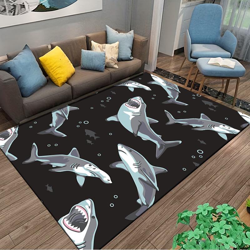 Teppich mit Haifischmuster und Meeresmotiv auf schwarzem Hintergrund, geeignet als rutschfester Überzug für Wohnzimmer, Schlafzimmer, Sofas