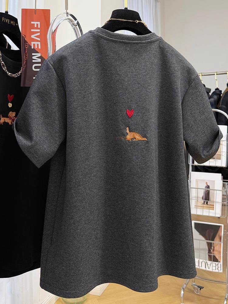 Women’s Early Spring Cartoon Embroidery Crew Neck Half Sleeve T-Shirt