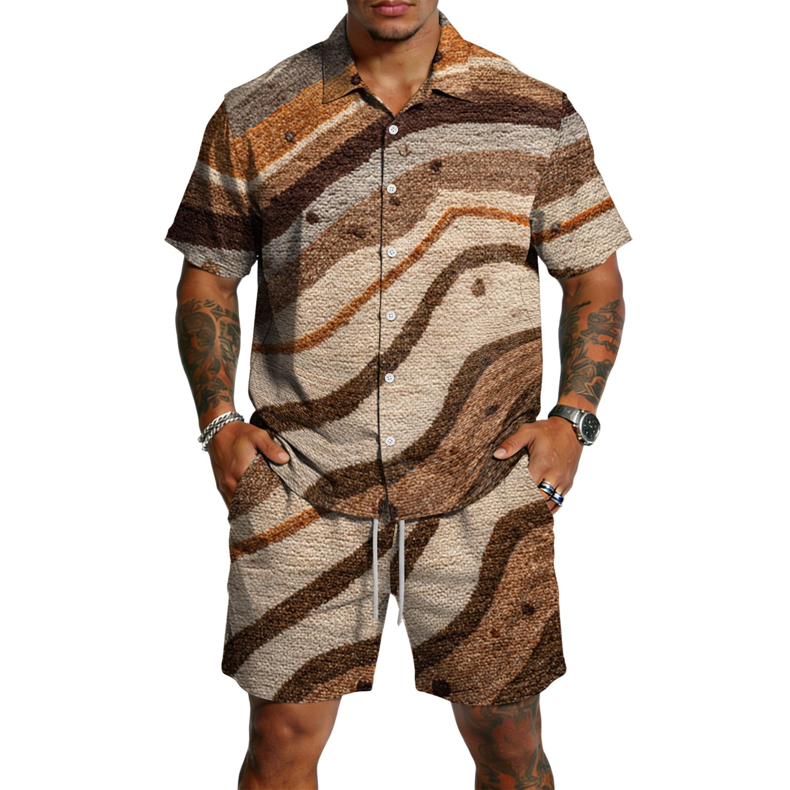 

Men s Casual Short Sleeve Lightweight Breathable Shirt and Drawstring Shorts Set Textured Patterned Summer Outfit Beachwear M коричневий