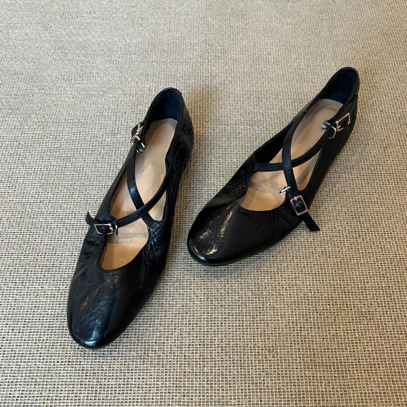 Leather version~ retro cross-buckle ballet shoes low-heeled temperament Mary Jane shoes shallow mouth round head single shoes women