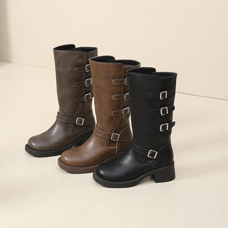 Korean Soft Leather Martin Boots Women's British Style Autumn 2025 New Belt Buckle Retro Medium Tube Thick Heel Fashion Boots