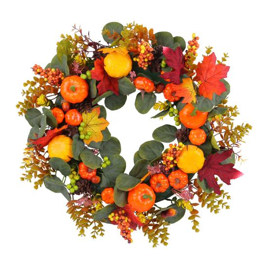 Fall Pumpkin Wreath Front Door Autumn Maple Leaf Harvest Realistic Simulation Wreath Indoor Outdoor Thanksgiving Home Decor