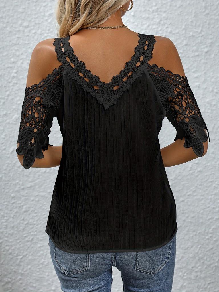 Women's Summer V-neck Short Sleeved T-shirt Off Shoulder T Shirts Ladies Lace Hollowed Out T Shirts