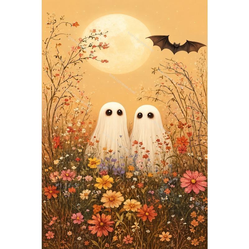 Cute Ghost Black Cat Canvas Gallery Wall Prints Halloween Floral Bat Wall Art Soft Pastel Fall Farmhouse Holiday Home Decor Gift