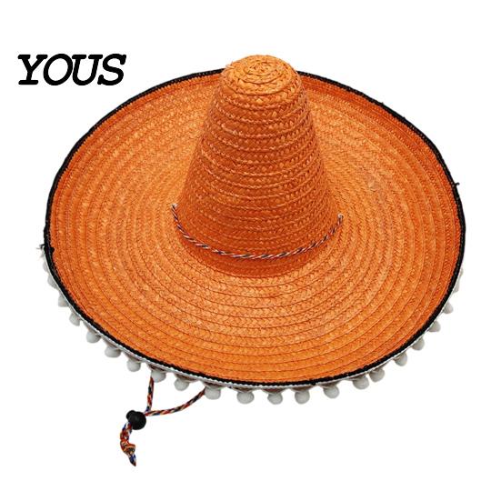 Outdoor Travel Hat Mexican Sombrero with Colorful Poms, Hawaiian Style Woven Straw Sun Hat, Wide Brim Lightweight Festival Party Costume