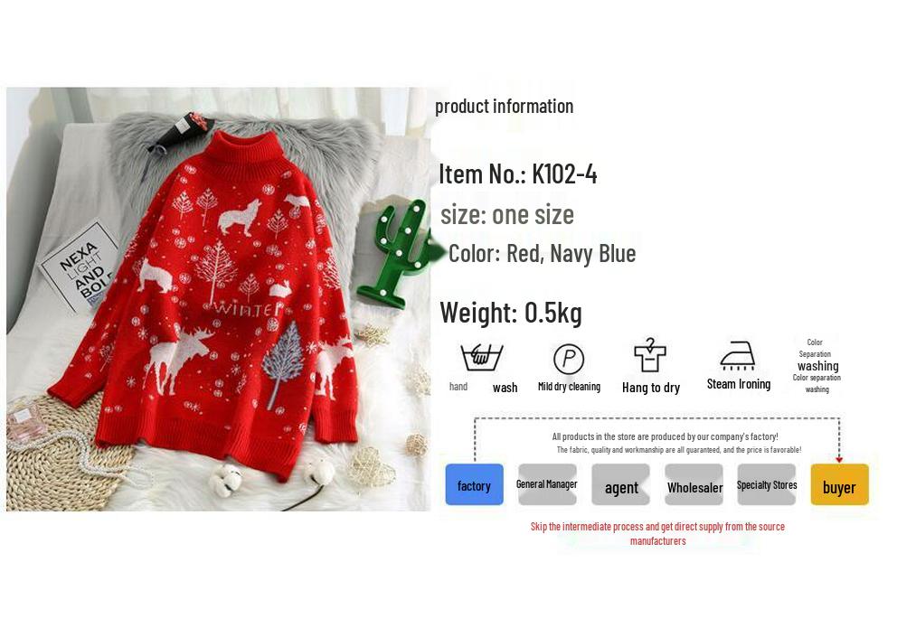 Women's Retro Hong Kong Style High Neck Sweater - Autumn/Winter Loose Fit, Thick and Cozy Christmas Design