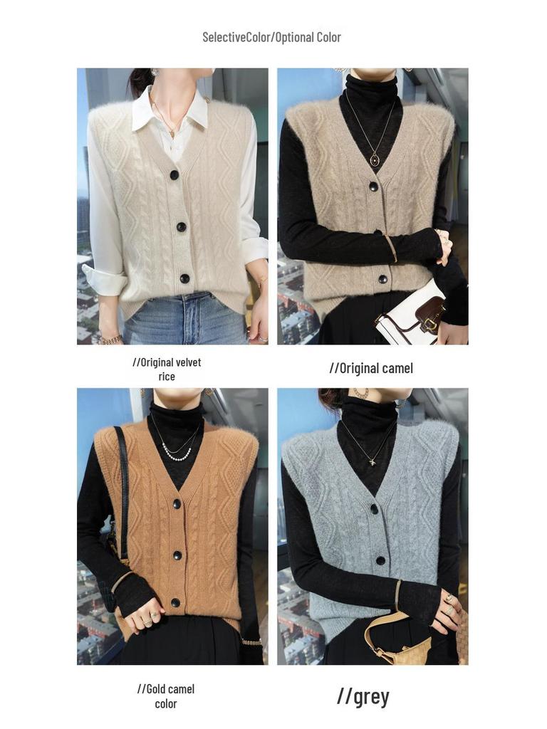 Dámská vlněná kardiganová vesta s výstřihem do V - Vrstvený pletený bezrukávý svrchní oděv s ramenními vycpávkami na podzim/zimu