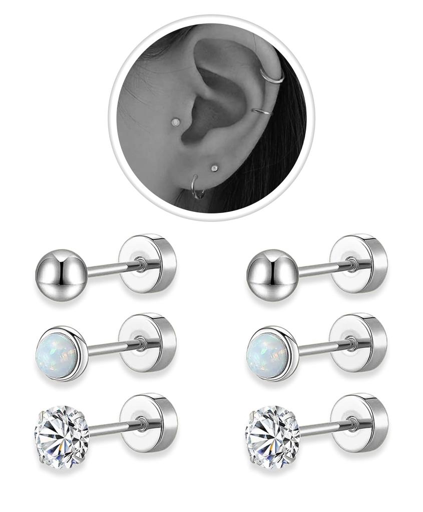 6 Pairs Earrings Sets for Multiple Piercing Small Huggie Hoop Earrings Flat Back Tiny Ball CZ Opal Pearl Stud Earrings for Women