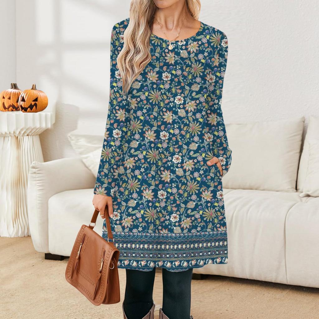 Rochie cu mânecă lungă pentru femei Toamnă Casual Tricou Croială lejeră Rochii cu pliuri în față cu buzunare