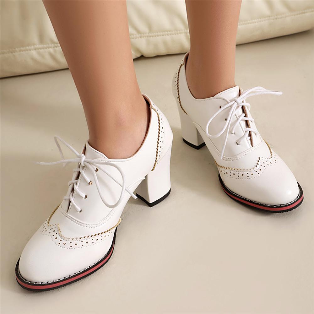 Fashion 2025 Women Pumps Round Toe Thick High Heels Platform Brogue Student Carved Retro Lace-Up Classic Spring Office Lady Lace Up Shoe