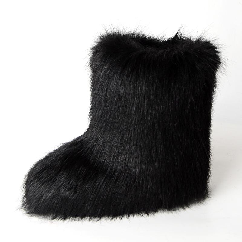 Flat heel high top warm winter furry boots deep mouth round head medium tube imitation fox fur snow boots women