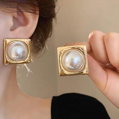 Baroque Geometric Square Imitation Pearl Stud Earrings For Women Statement Unique Wedding Jewelry Brincos Pendientes