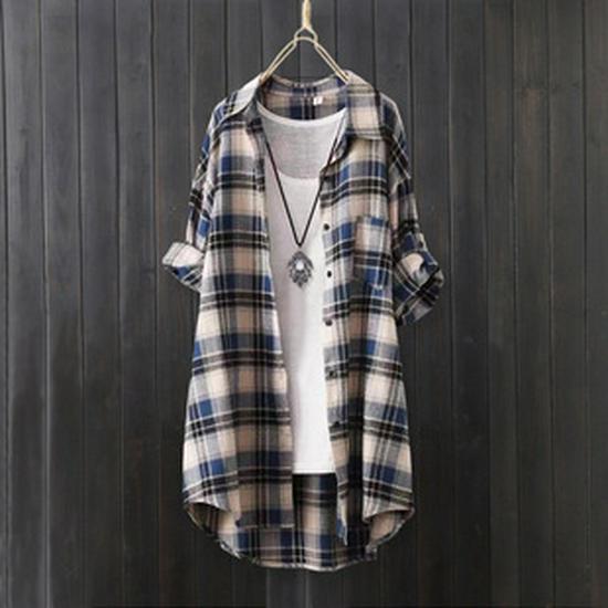 Women's Cotton Linen Plaid Long Shirt - Sun Protection, Loose Fit Outerwear, Lazy Style