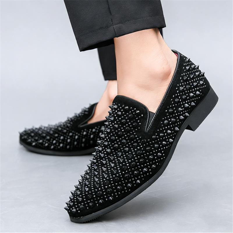 Hip-hop Rivet Rhinestones Pointed Slip On Shoes Men Designer Rock Punk Loafers Formal Wedding Prom Dress Homecoming Footwear