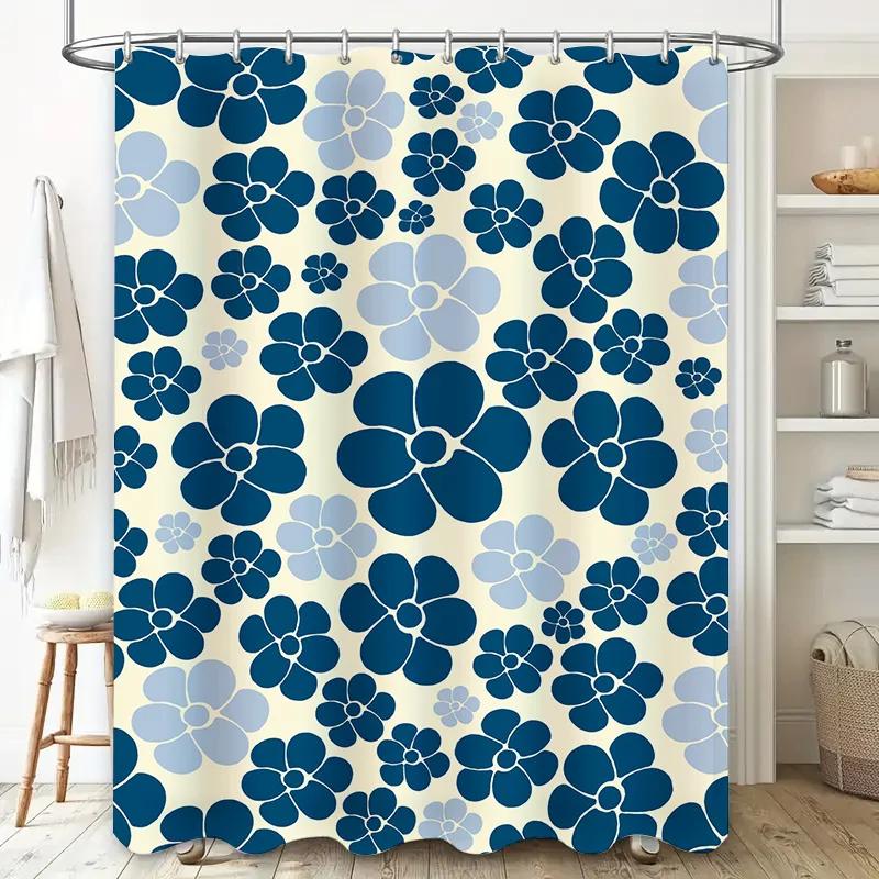 Blue Floral Shower Curtain Decorative Bath Mat Waterproof Polyester Fabric Home Decoration Curtains Easy Installation Size: 72 x