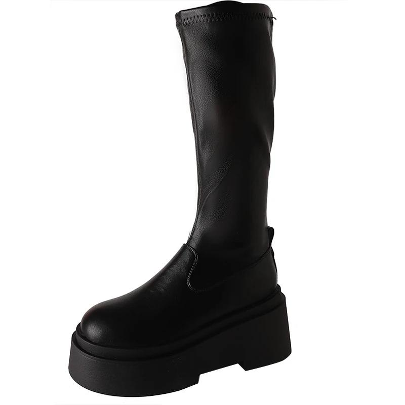 Chunky Women Knee High Boots Fashion Slip On Knight Long Boots Platform Flats Autumn Winter Ladies Shoes
