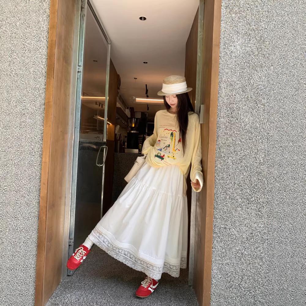 Lace Trim Elegant A-Line Midi Skirt with Elastic Waist - Spring/Summer 2026