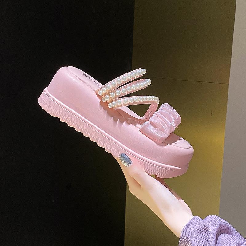 Summer New Fairy Style Platform Sandals Women French Two Wear Pearl Women's Shoes Low Top Platform Cool Slippers Women