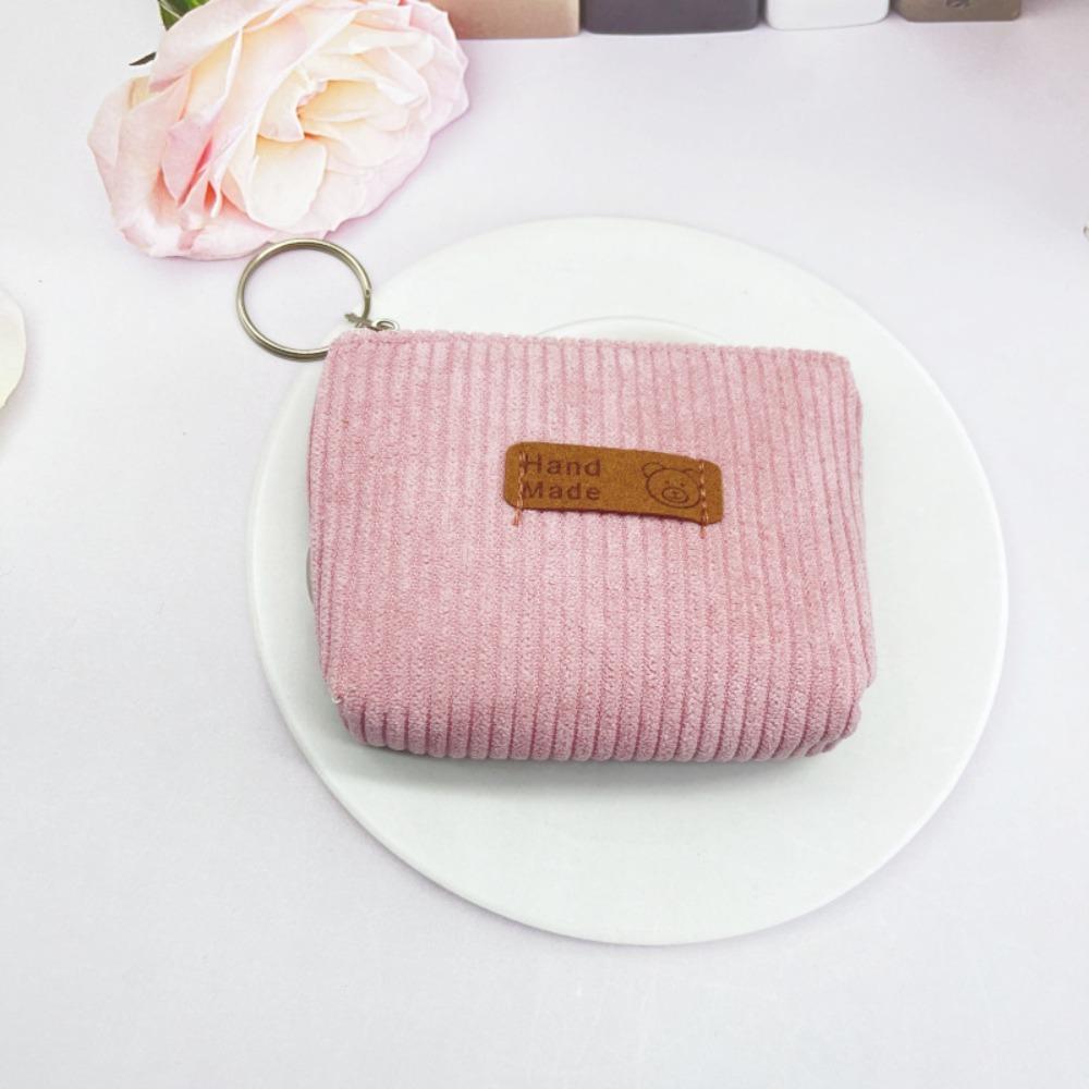

Portable Zipper Style Coin Purse Corduroy Material Soft Striped Makeup Tool Storage Bag Durable Women s Carry on Bag Daily Use розовый