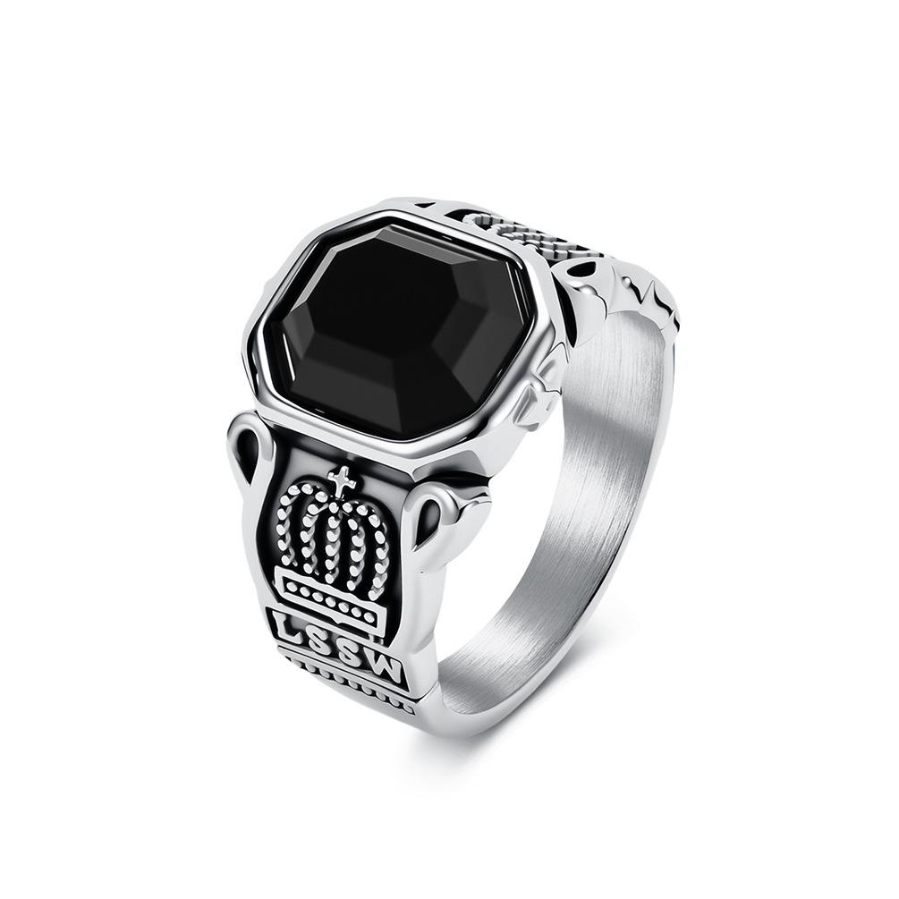 European and American Trend Jewelry Titanium Steel Black Gemstone Crown Ring Niche Literary and Retro High-end Trendy Men's Jewelry