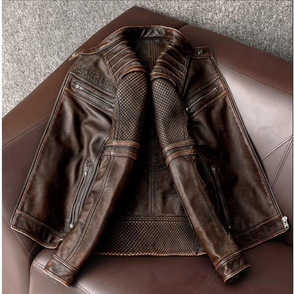 Motor Rider Real Jacket,Mens Vintage Leather Coat.slim Fit Natural Cowhide Clothes