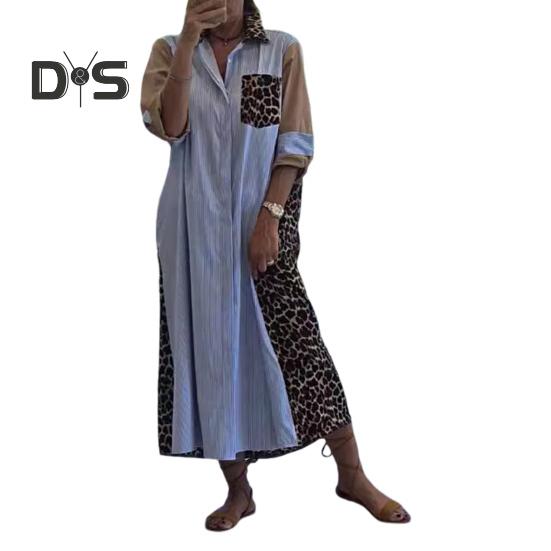 

Женское платье-рубашка с леопардовым принтом, отложным воротником, контрастным цветом, однобортное, свободного покроя, с нагрудными карманами, весенне-осеннее платье-миди XXL синий