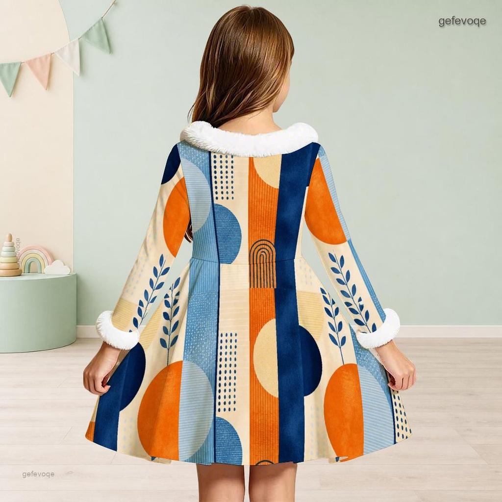 Girls Furry Collar Long Sleeve Patchwork Plaid Printed A Line Flared Dress