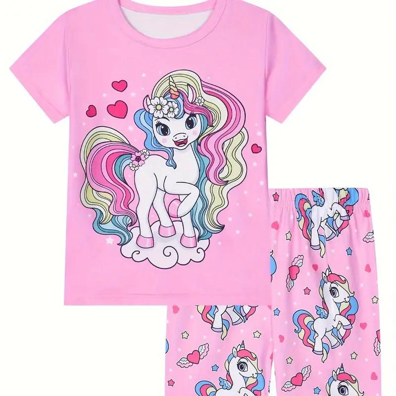

Пижамный комплект из 2 предметов для девочек, детские костюмы с принтом единорога и круглым вырезом, футболка с короткими рукавами, одинаковые шорты, удобная домашняя одежда 110