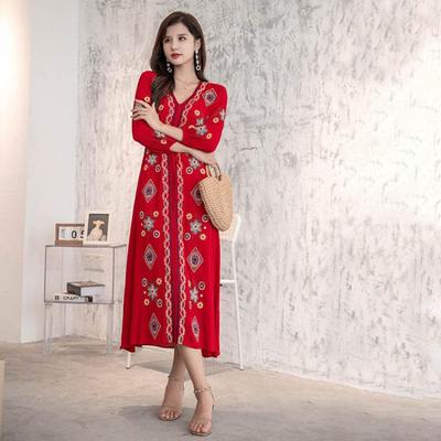 Vestido bohemio étnico de algodón y lino bordado con cuello en V y manga larga, con cinturón para mujer.