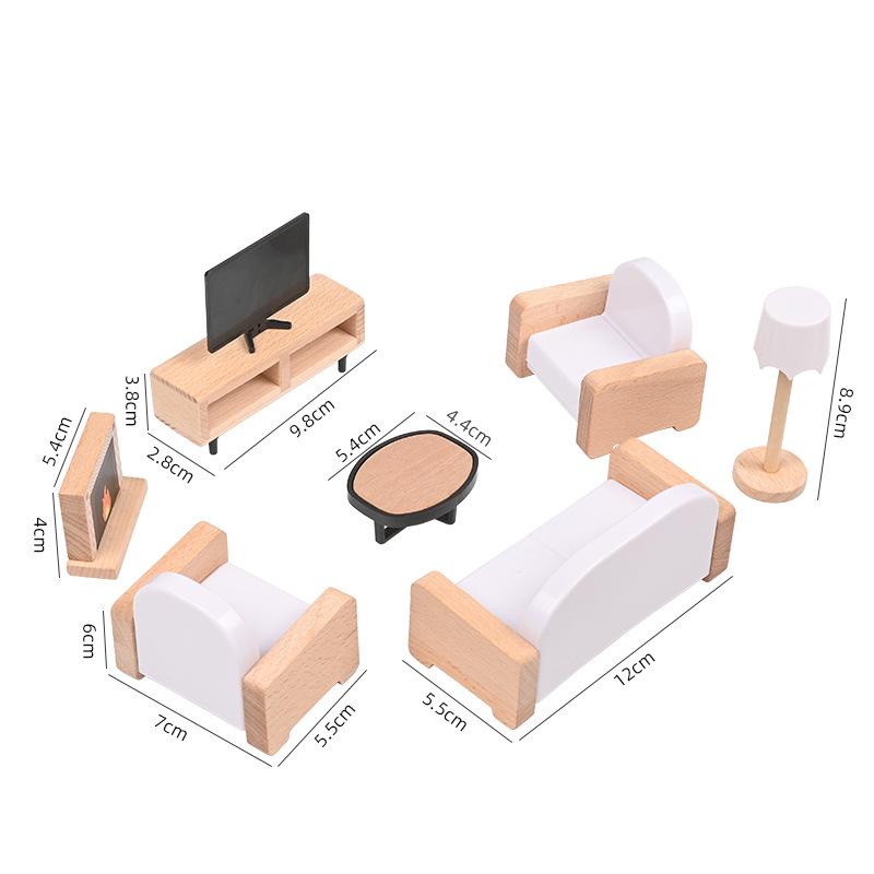 Children's Wooden Dollhouse Furniture Set - Mini Sofa & Bed Props