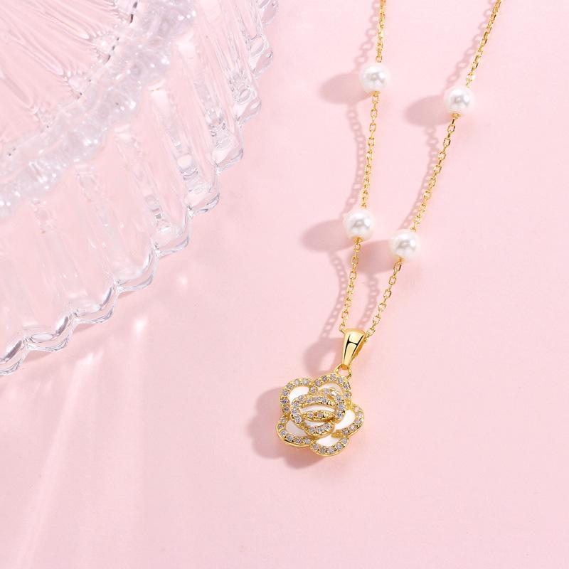 S925 Sterling Silver Camellia Pearl Necklace - Women's Forest Style, Light Luxury, Clavicle Chain, Niche Design.
